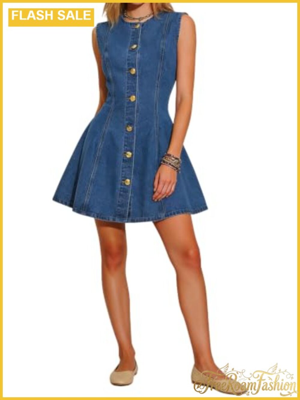 Sleeveless Denim Mini Dress A-Line Button Front Pockets Casual Western